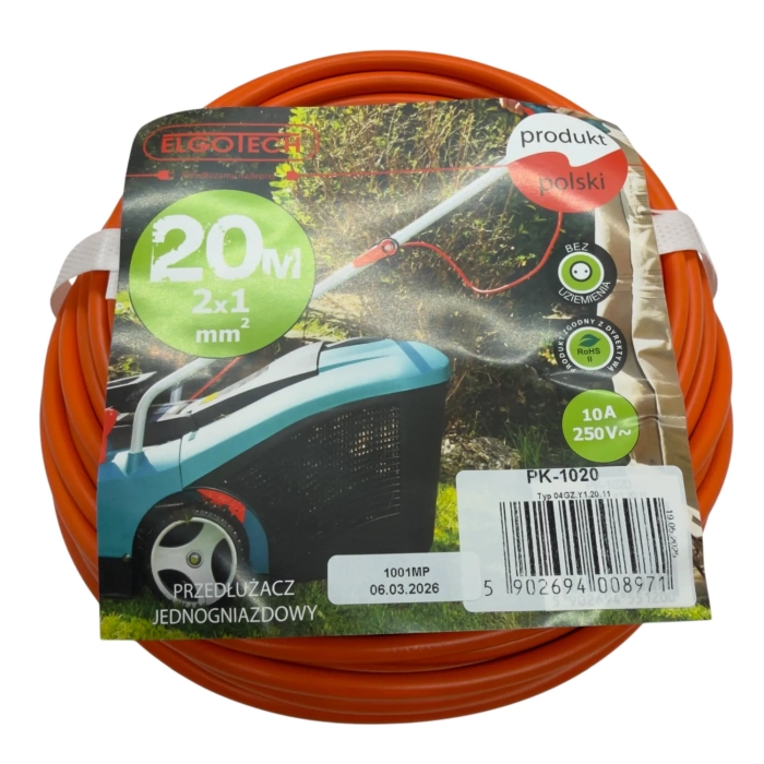 przedłużacz ogrodowy 20mb 2x1.0mm2 bez uziemienia z wtyczką Schuko ELGOTECH PK-1020