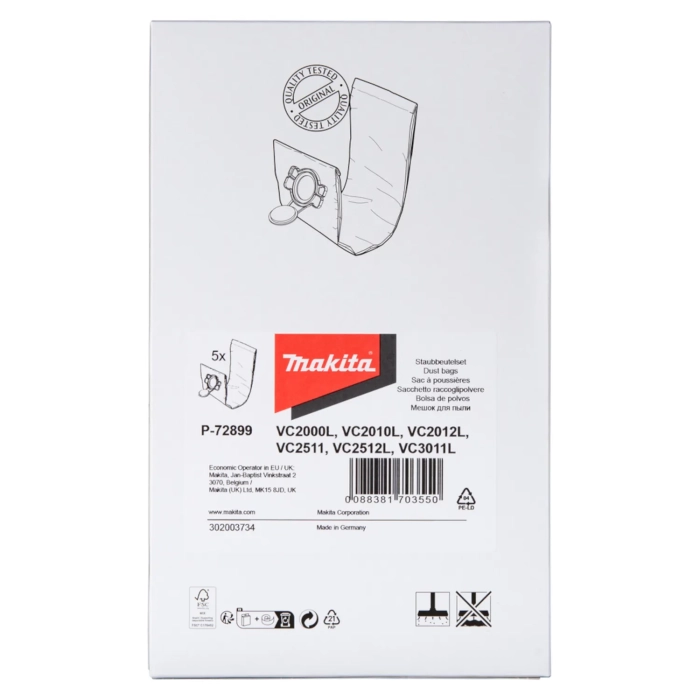 Makita P-72899 worki flizelinowe 5szt. do VC2000L VC2010 VC2012 VC2511 VC2512 VC3011L